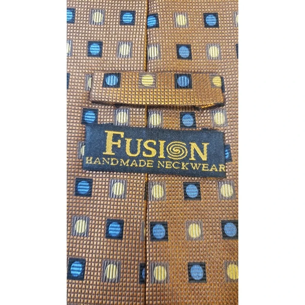 Fusion Handmade Neckwear Bronze Blue Men's Neck Tie‎ 100% Silk Geometric Luxury